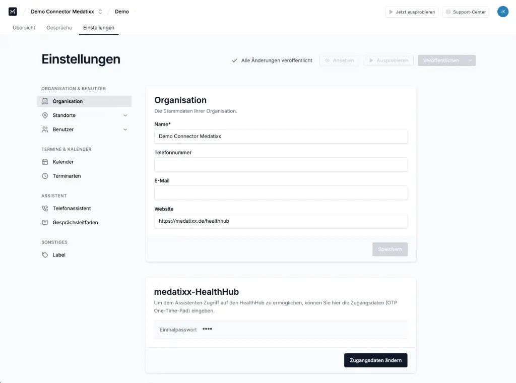 Eingabe des Einmalpasswort in den Einstellungen für den medatixx-HealthHub