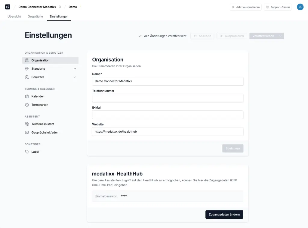 Eingabe des Einmalpasswort in den Einstellungen für den medatixx-HealthHub