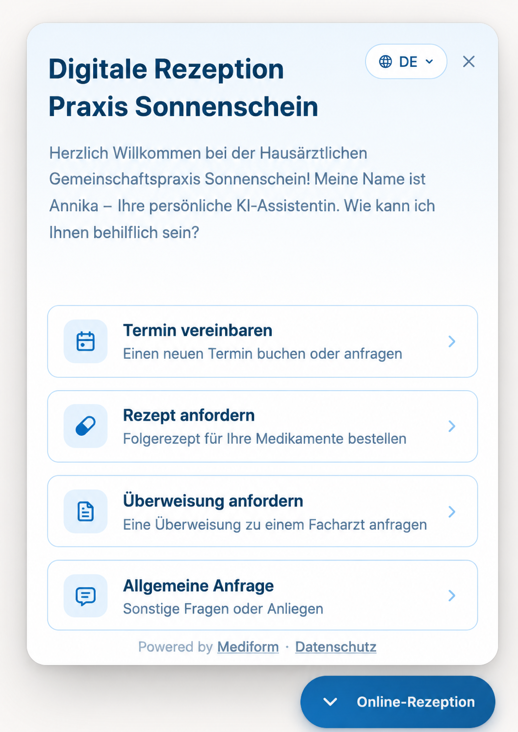 MediChat Online-Rezeption mit Auswahlmöglichkeiten für Patientenanliegen