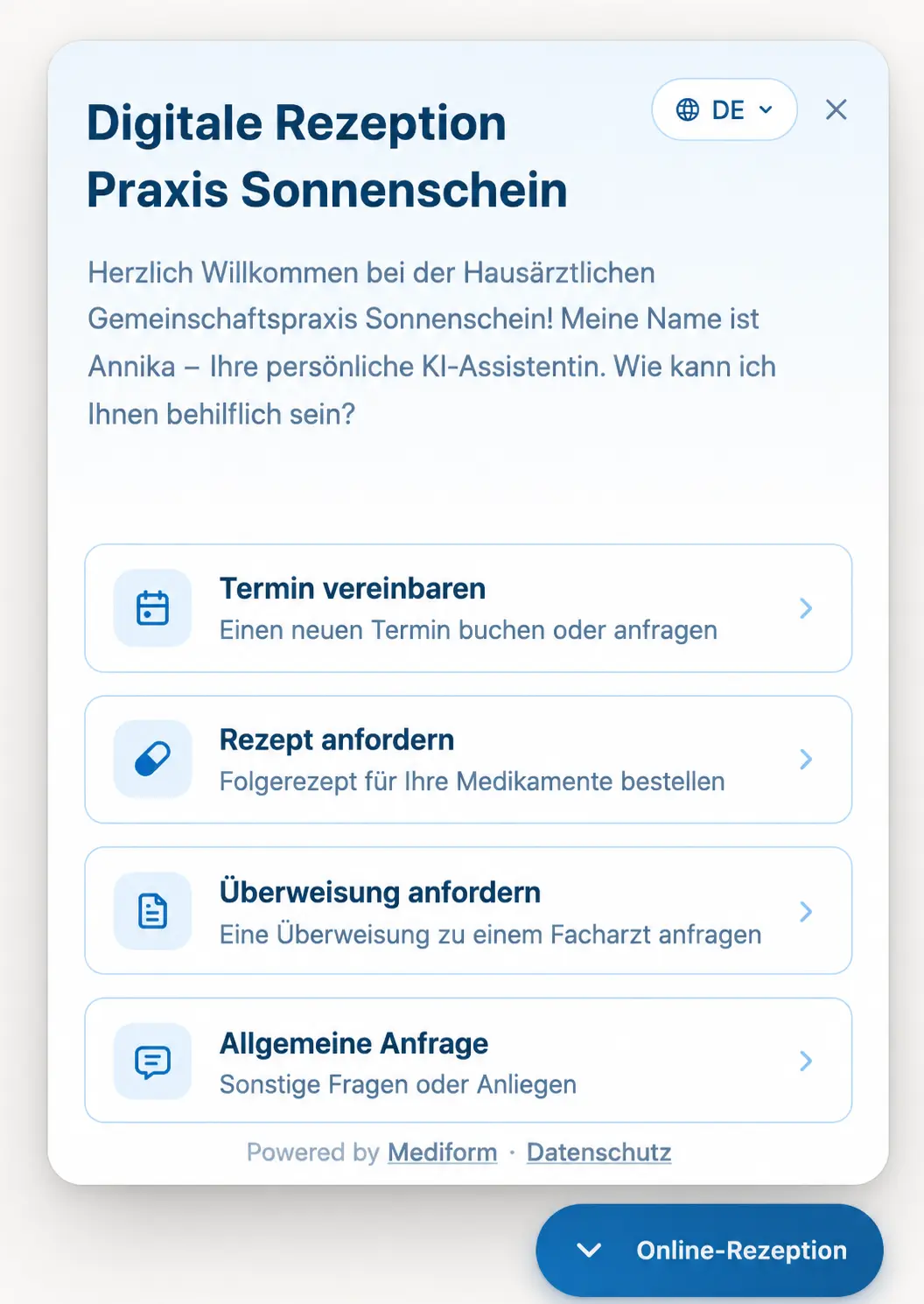 MediChat Online-Rezeption mit Auswahlmöglichkeiten für Patientenanliegen